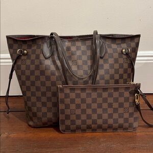 Louis Vuitton Neverfull MM Damier Ebene Tote w/ Red Interior + Pochette
